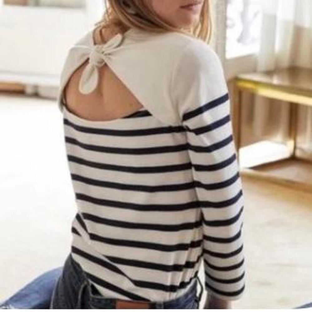 Sézane Oscar Marinière Cream & Navy Blue Breton Striped Bow Neck Coastal Preppy